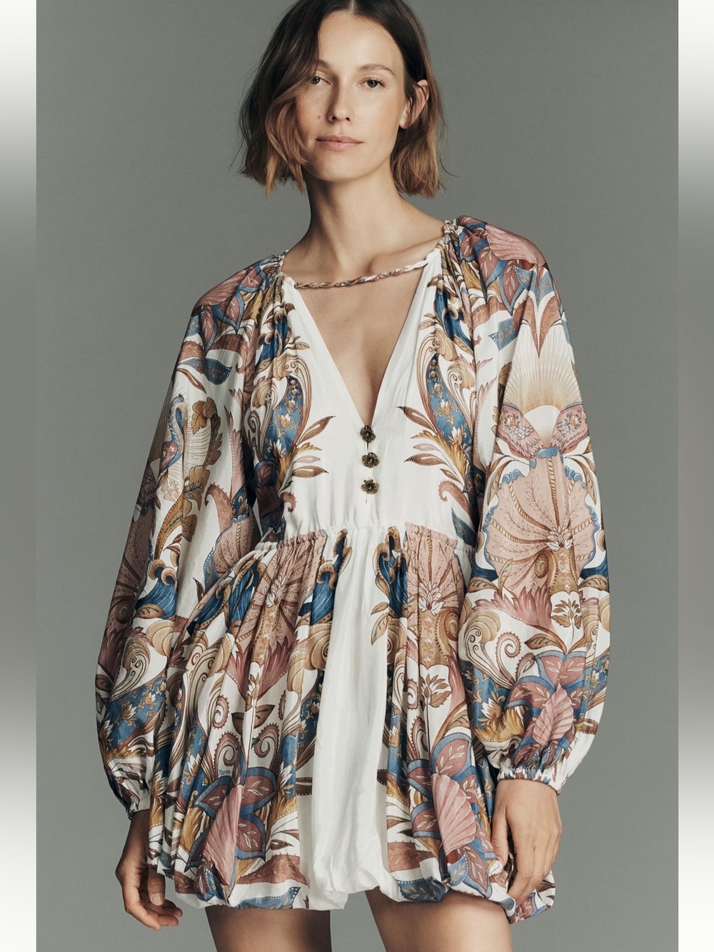 Farm Rio Sea Garden Long-Sleeve Plunge Mini Dress - Sz S